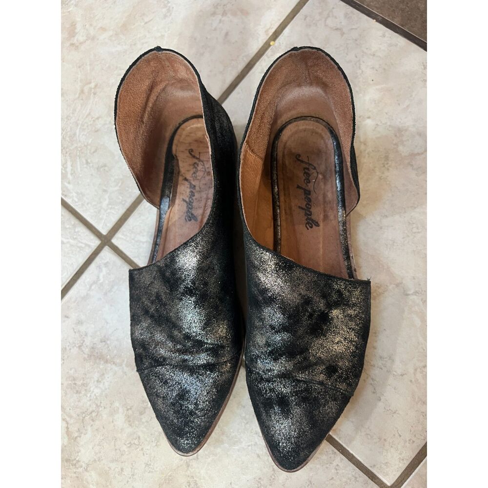 Free People Royale Flat Onyx Black Pointed Metallic Loafers Womens 8.5 EU 39